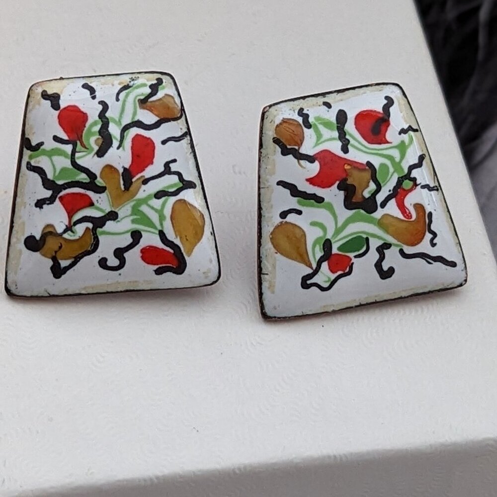 Art Nouveau Copper Enameled Earrings Screw Backs Matisse Design Renoir